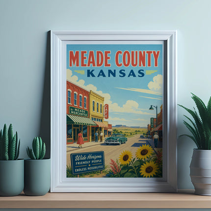 Meade County Kansas poster with vintage cars, buildings, and sunflowers.