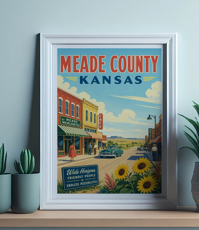 Meade County Kansas poster with vintage cars, buildings, and sunflowers.