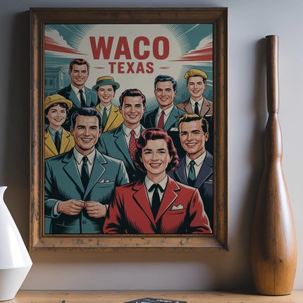 Retro Waco Texas poster featuring smiling people in vintage suits and dresses.