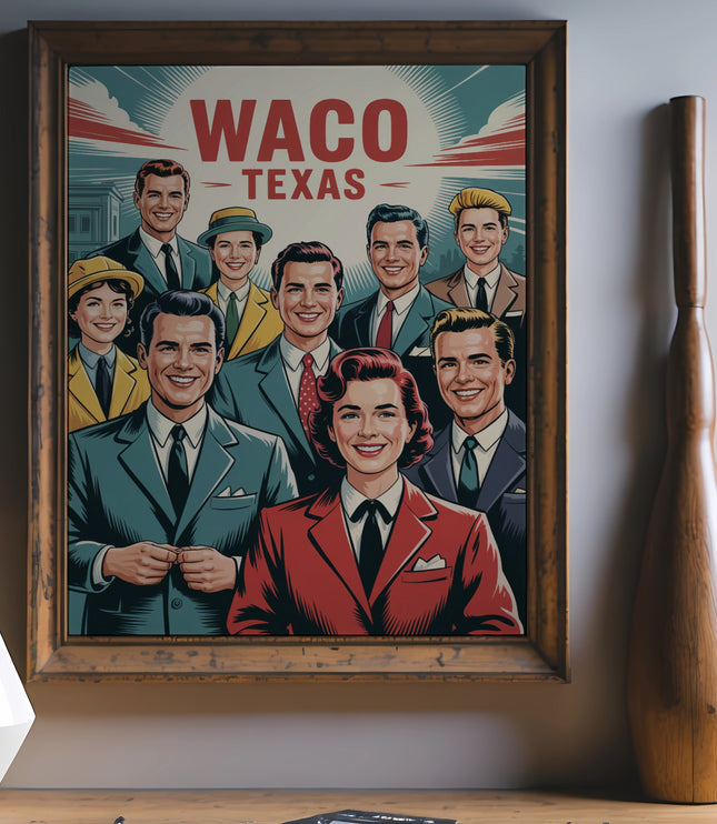 Retro Waco Texas poster featuring smiling people in vintage suits and dresses.