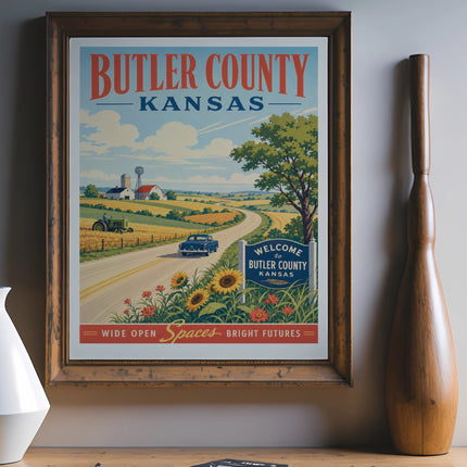 Vintage "Butler County Kansas" travel poster with rural landscape and tractor.