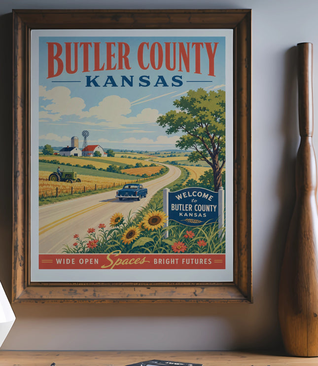 Vintage "Butler County Kansas" travel poster with rural landscape and tractor.