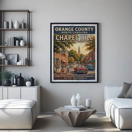 Orange County, North Carolina Chapel Hill vintage travel poster with vintage cars.