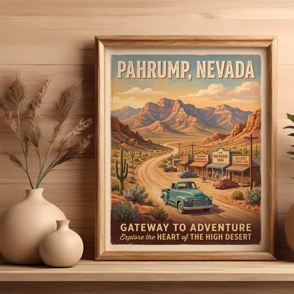 Vintage poster of Pahrump, Nevada with desert landscape and "Gateway to Adventure" text.