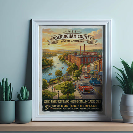 Vintage travel poster for Rockingham County, NC, featuring mills, river, and cars.