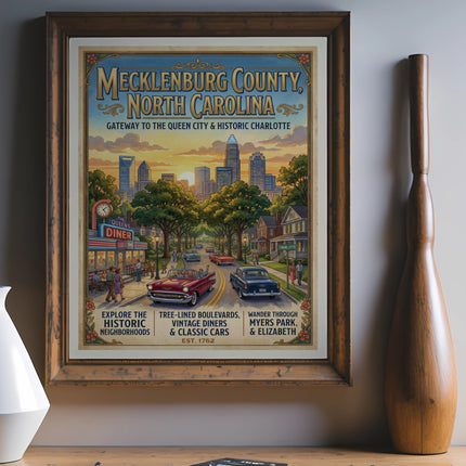 Poster of Mecklenburg County, North Carolina with skyline, diner, and classic cars.