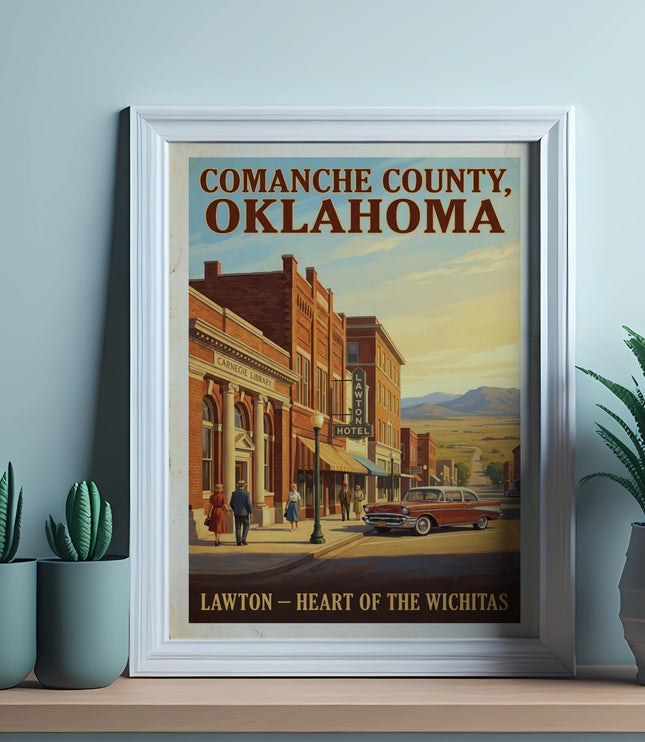Vintage poster of Comanche County, Oklahoma, featuring Lawton and the Wichita Mountains.