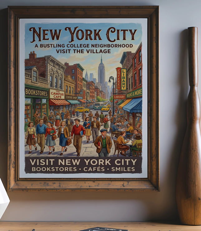 Vintage New York City poster with street scene, Empire State Building, and text.