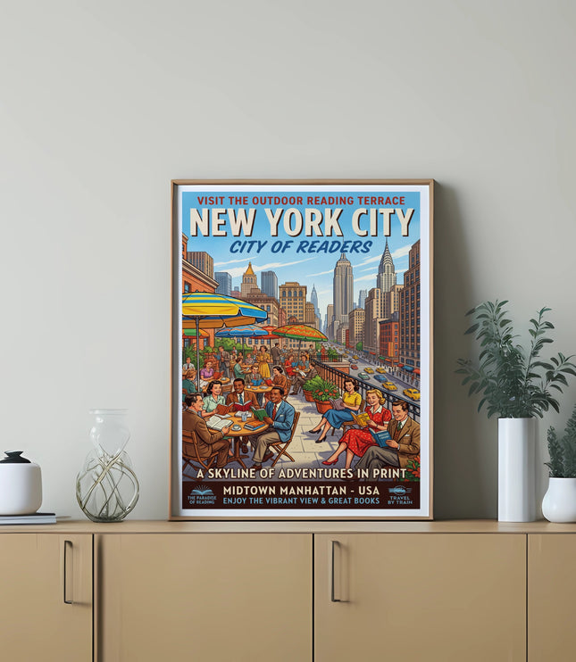 New York City outdoor reading terrace advertisement with Midtown Manhattan skyline and people reading.