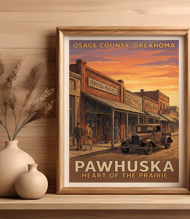 Osage County, Oklahoma Pawhuska vintage poster featuring storefronts and a truck.