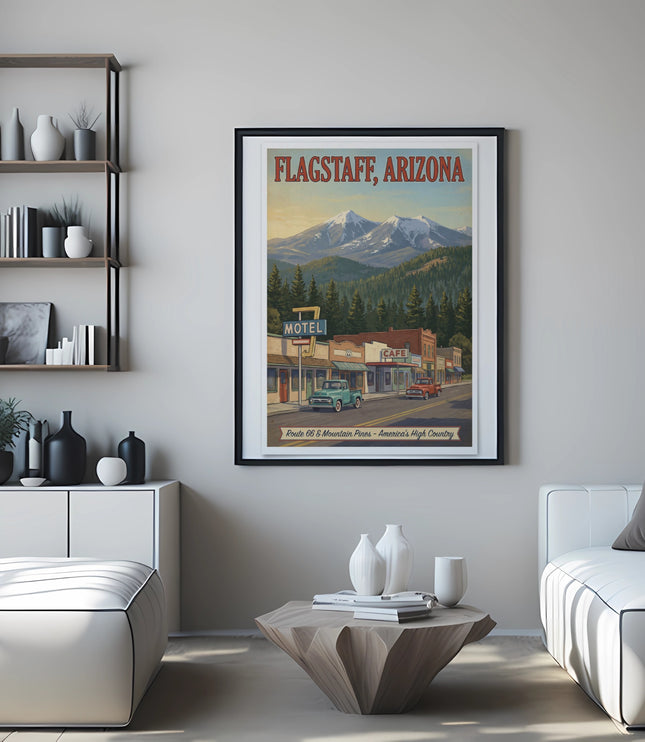 Flagstaff Arizona travel poster of snow-capped mountains, forest, and vintage motel.