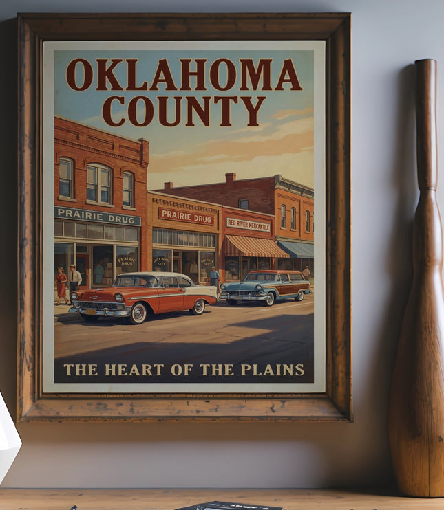 Vintage Oklahoma County poster featuring a street scene with classic cars at sunset.