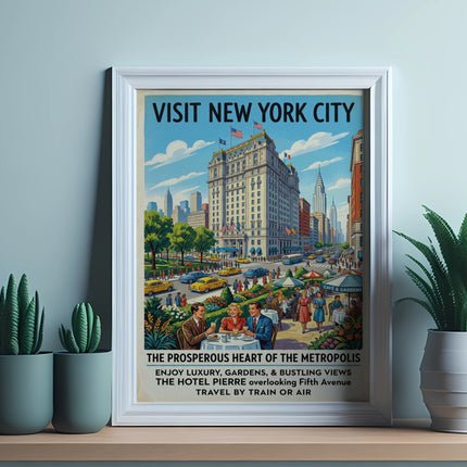 Vintage "Visit New York City" poster featuring Hotel Pierre and Fifth Avenue.