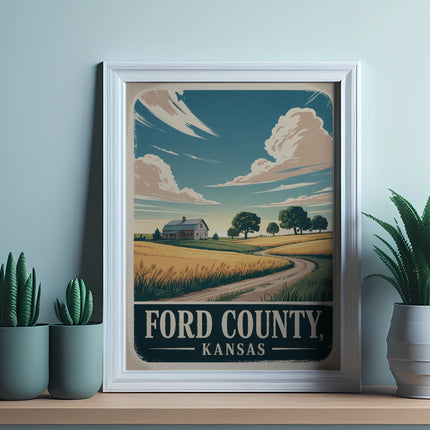Vintage Ford County Kansas travel poster with farm and landscape.