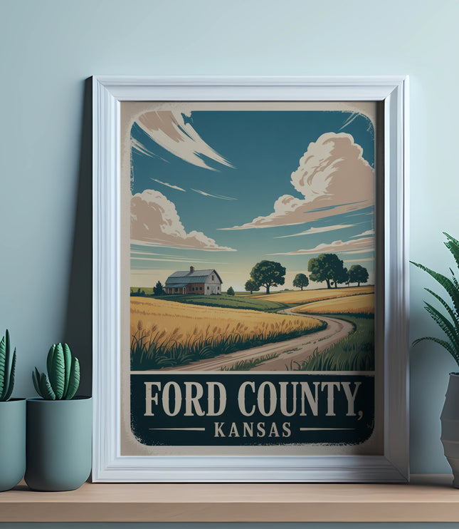 Vintage Ford County Kansas travel poster with farm and landscape.