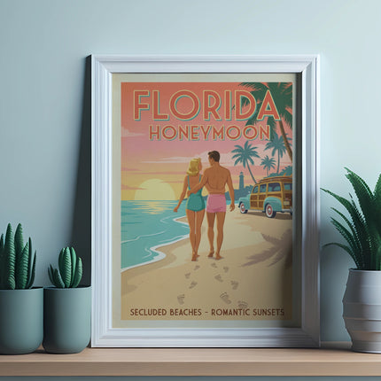 Florida Honeymoon postcard with couple walking on beach at sunset.