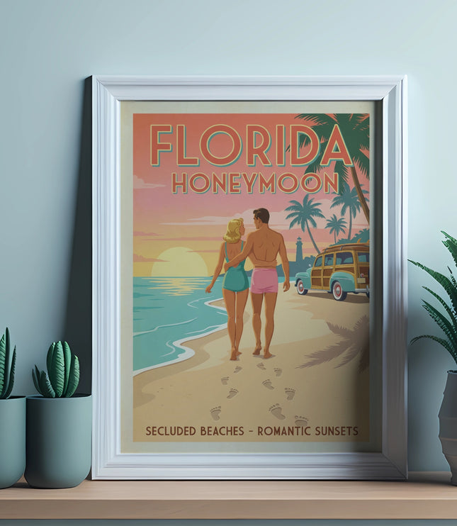 Florida Honeymoon postcard with couple walking on beach at sunset.