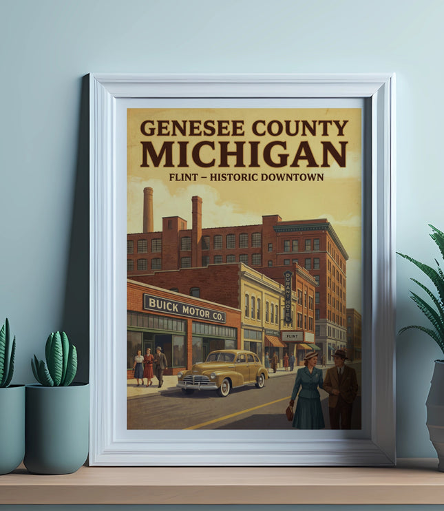 Genesee County Michigan poster with Flint historic downtown scene on Buick Motor Co.