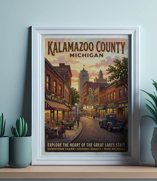 Vintage poster of Kalamazoo County, Michigan, featuring a street scene with shops and cafes.