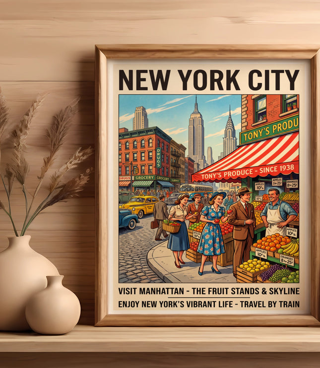 Vintage New York City scene featuring fruit stands, street life, and skyline.