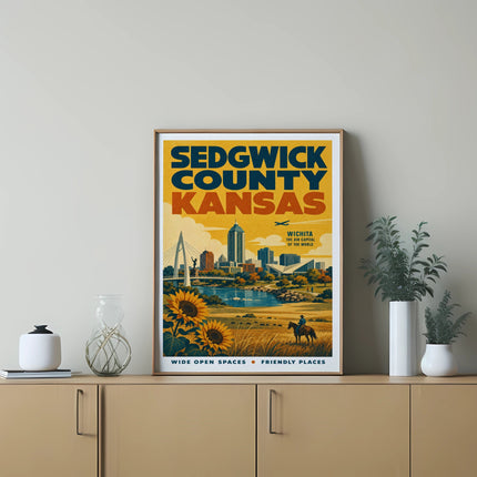 Sedgwick County Kansas art print with Wichita skyline and sunflowers.