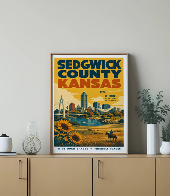 Sedgwick County Kansas art print with Wichita skyline and sunflowers.
