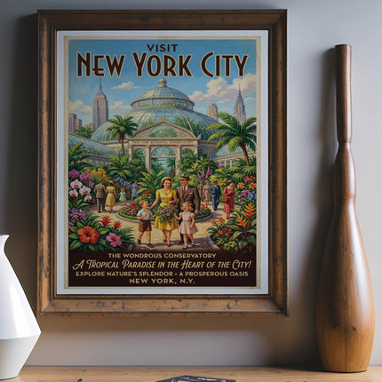 Vintage "Visit New York City" poster featuring the New York Botanical Conservatory.