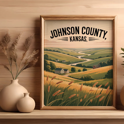 Framed landscape art featuring "Johnson County, Kansas" text and rolling hills.