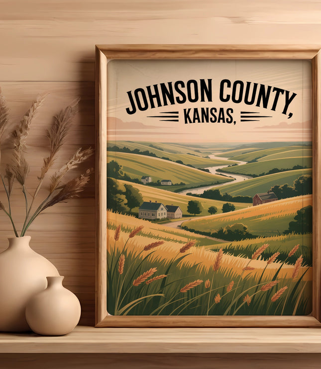 Framed landscape art featuring "Johnson County, Kansas" text and rolling hills.