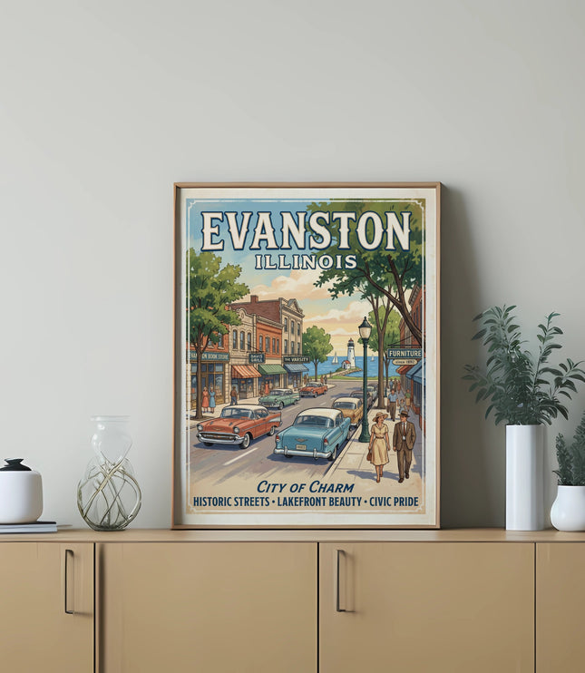 Retro-style poster of Evanston, Illinois featuring historic buildings, cars, and lighthouse.