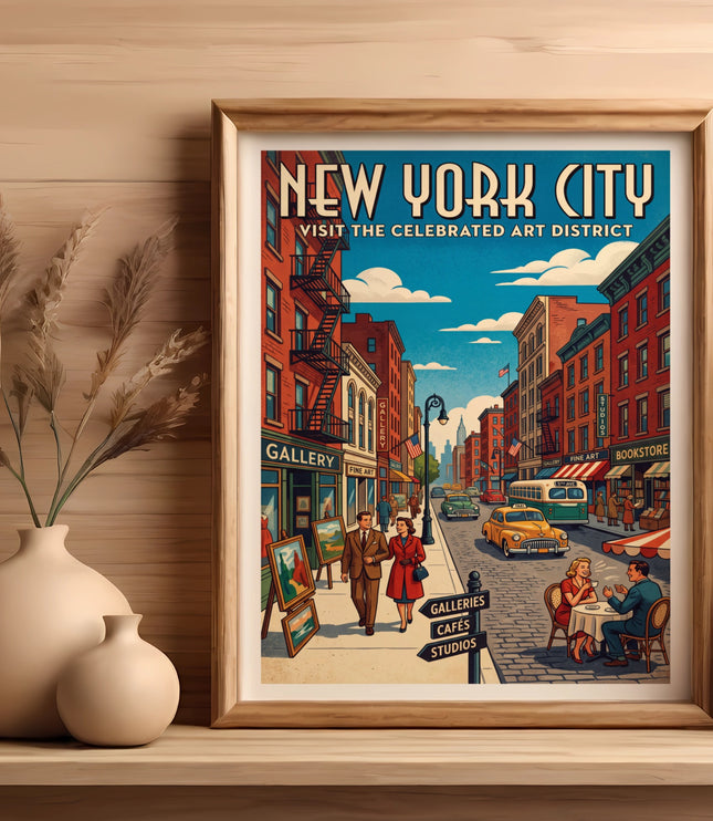 New York City art district vintage travel poster with street scene.