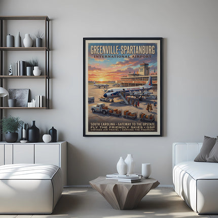 Greenville-Spartanburg International Airport vintage travel poster with planes and luggage.