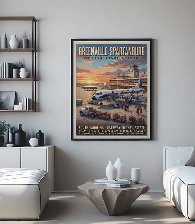 Greenville-Spartanburg International Airport vintage travel poster with planes and luggage.