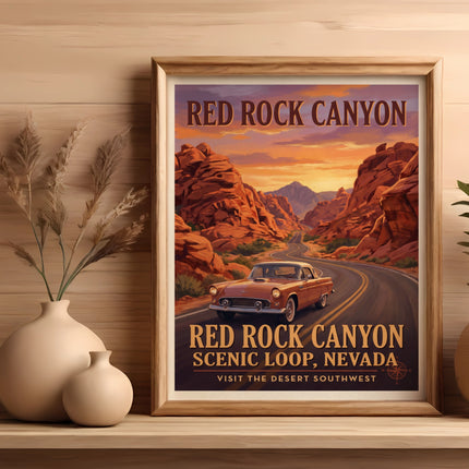 Red Rock Canyon Scenic Loop, Nevada vintage poster showing a classic car on a desert road.