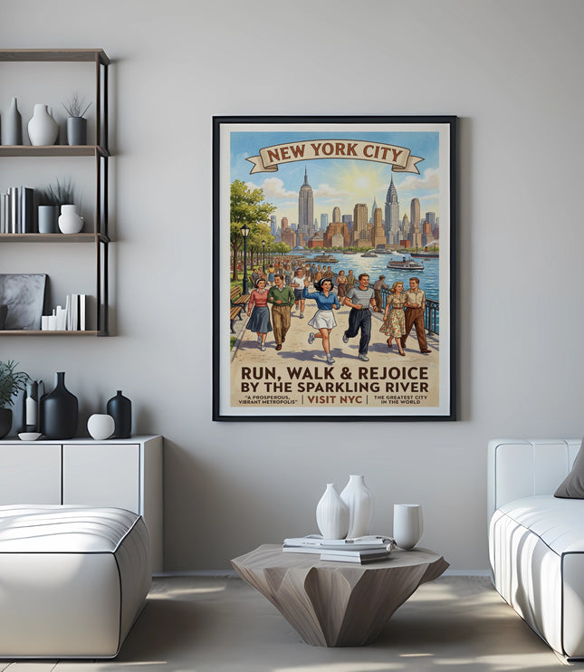 New York City skyline and people running, with text "RUN, WALK & REJOICE BY THE SPARKLING RIVER VISIT NYC".