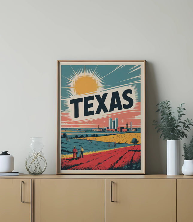 Vintage Texas poster with sun, fields, and industrial buildings.