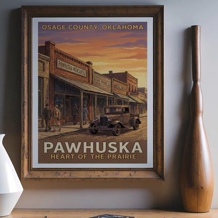 Vintage art print depicting Pawhuska, Oklahoma with storefronts and a classic truck.