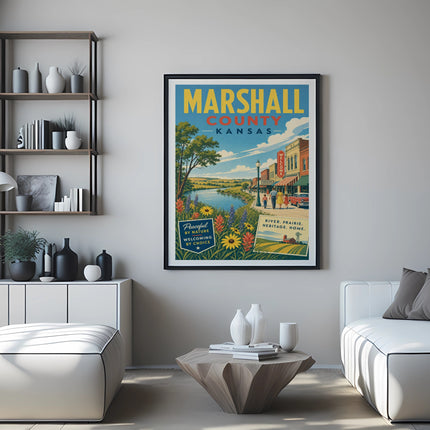 Marshall County, Kansas vintage travel poster with river and prairie scene.