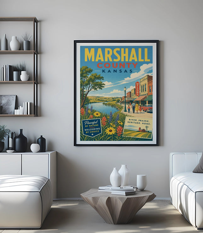Marshall County, Kansas vintage travel poster with river and prairie scene.