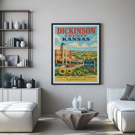 Poster for Dickinson County, Kansas, featuring Abilene, sunflowers, and a street scene.