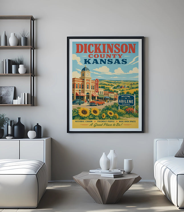 Poster for Dickinson County, Kansas, featuring Abilene, sunflowers, and a street scene.