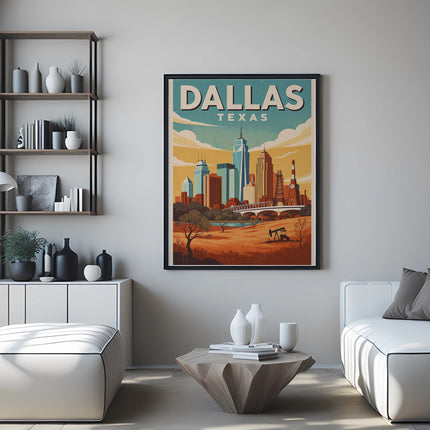 Dallas, Texas skyline poster on wall above white sectional sofa.