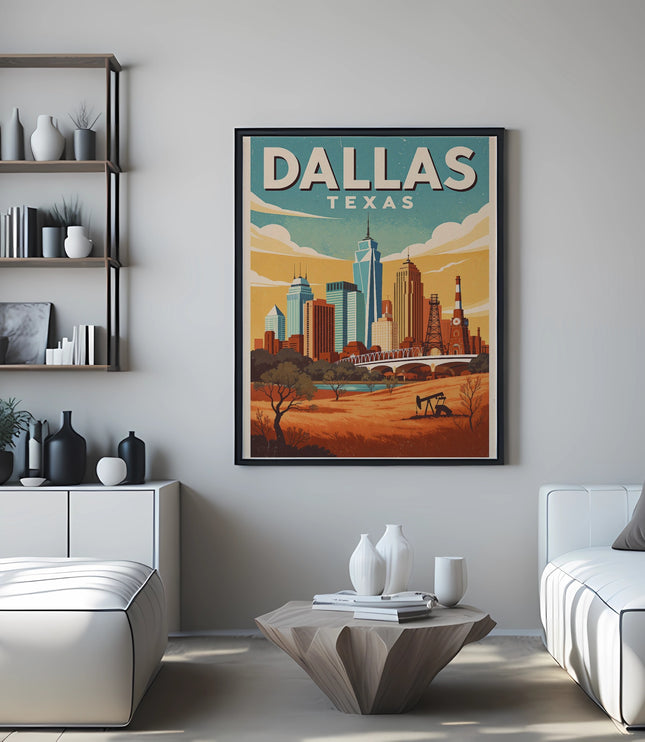 Dallas, Texas skyline poster on wall above white sectional sofa.