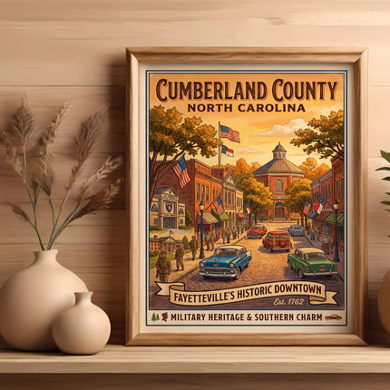 Cumberland County, North Carolina poster of Fayetteville's historic downtown, est. 1762.