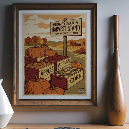 Vintage Pennsylvania Harvest Stand sign with pumpkins and apples.