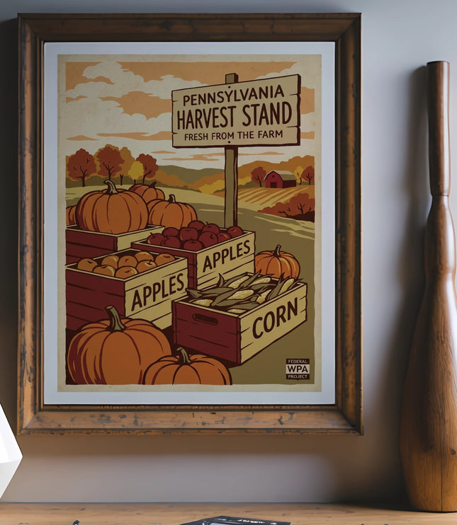 Vintage Pennsylvania Harvest Stand sign with pumpkins and apples.