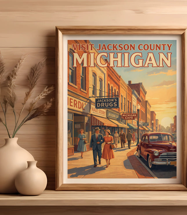 Vintage Michigan travel poster showing a street scene with "Visit Jackson County Michigan" text.