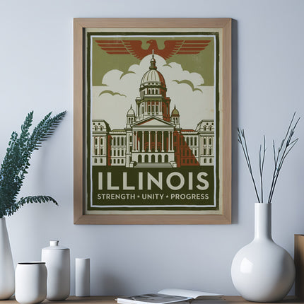 Illinois state capitol building with eagle emblem in vintage poster style.