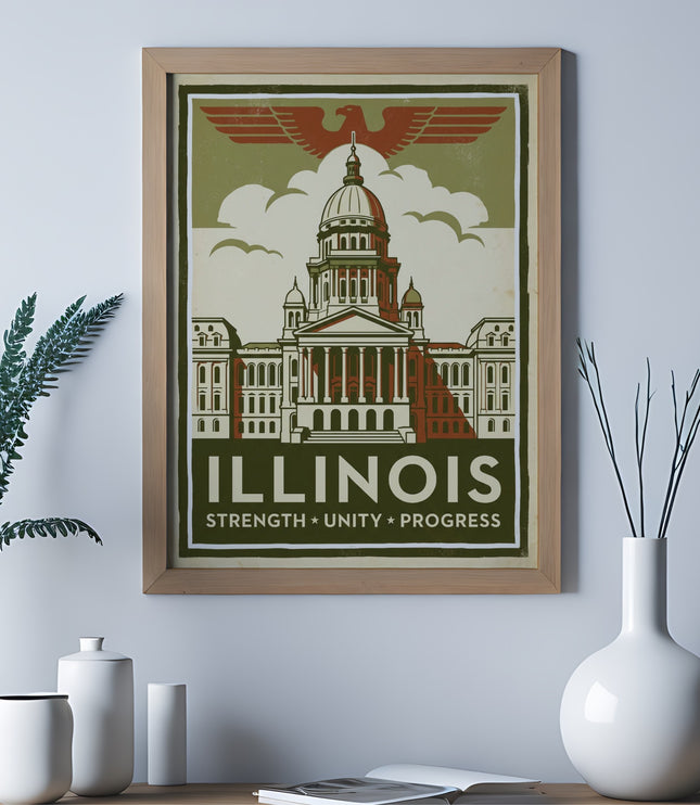 Illinois state capitol building with eagle emblem in vintage poster style.