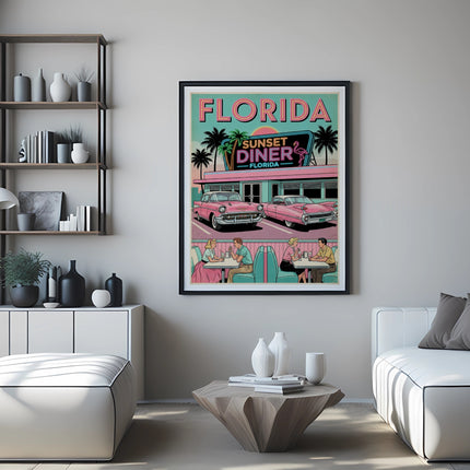 Retro Florida Sunset Diner poster with two pink cars.